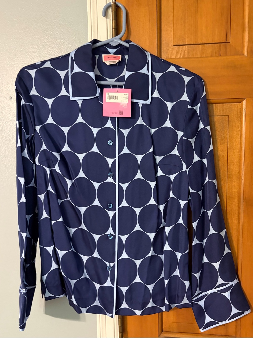 kate spade Navy and White Polka Dot Button-Front Blouse